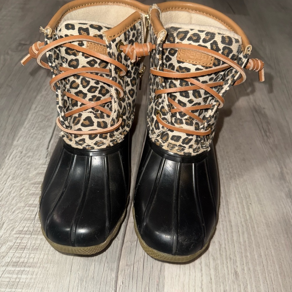 Sperry Black and Tan Leopard Print Kids Boots